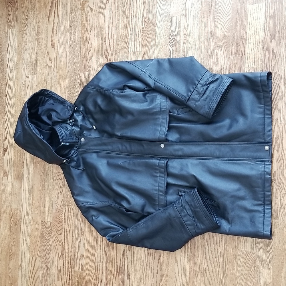 (M) Sequence 100% Leather Shell Jacket Hooded Warm Luxury Nylon Lined 80s 90s